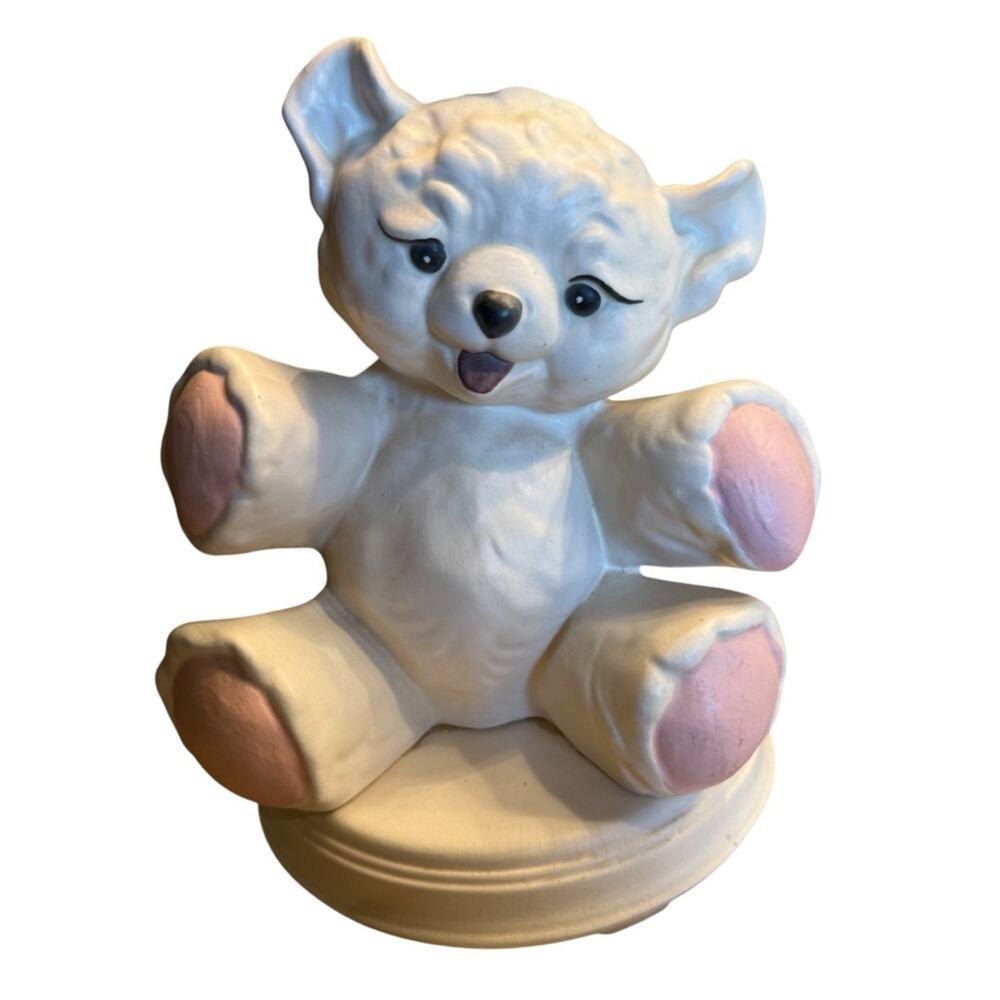 Vintage Ceramic Teddy Bear Table Lamp in White with Pink Paws Plastic Shade - Picture 5 of 8